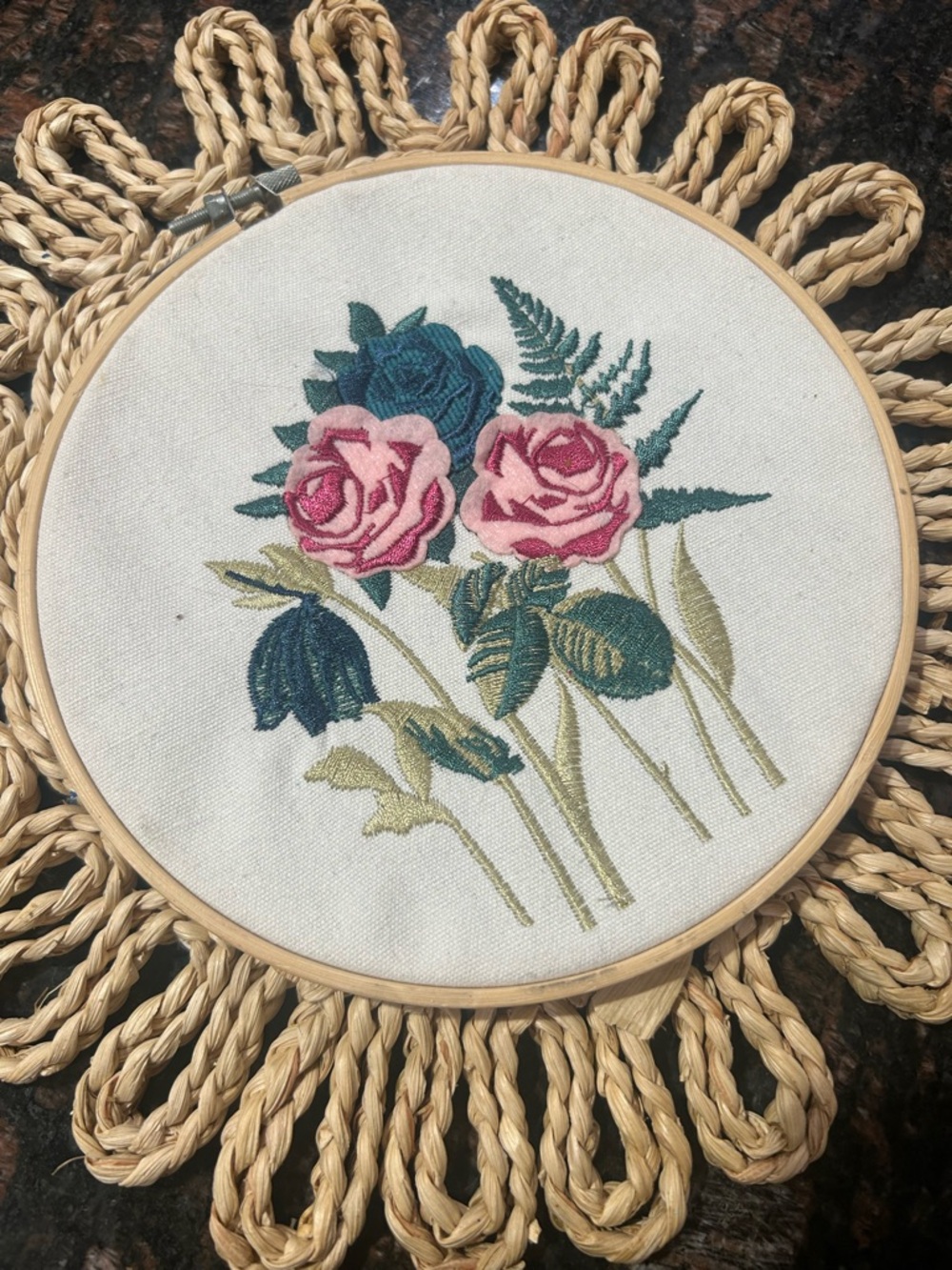 Hand Embroidered Floral Hoop Art - Pink Roses